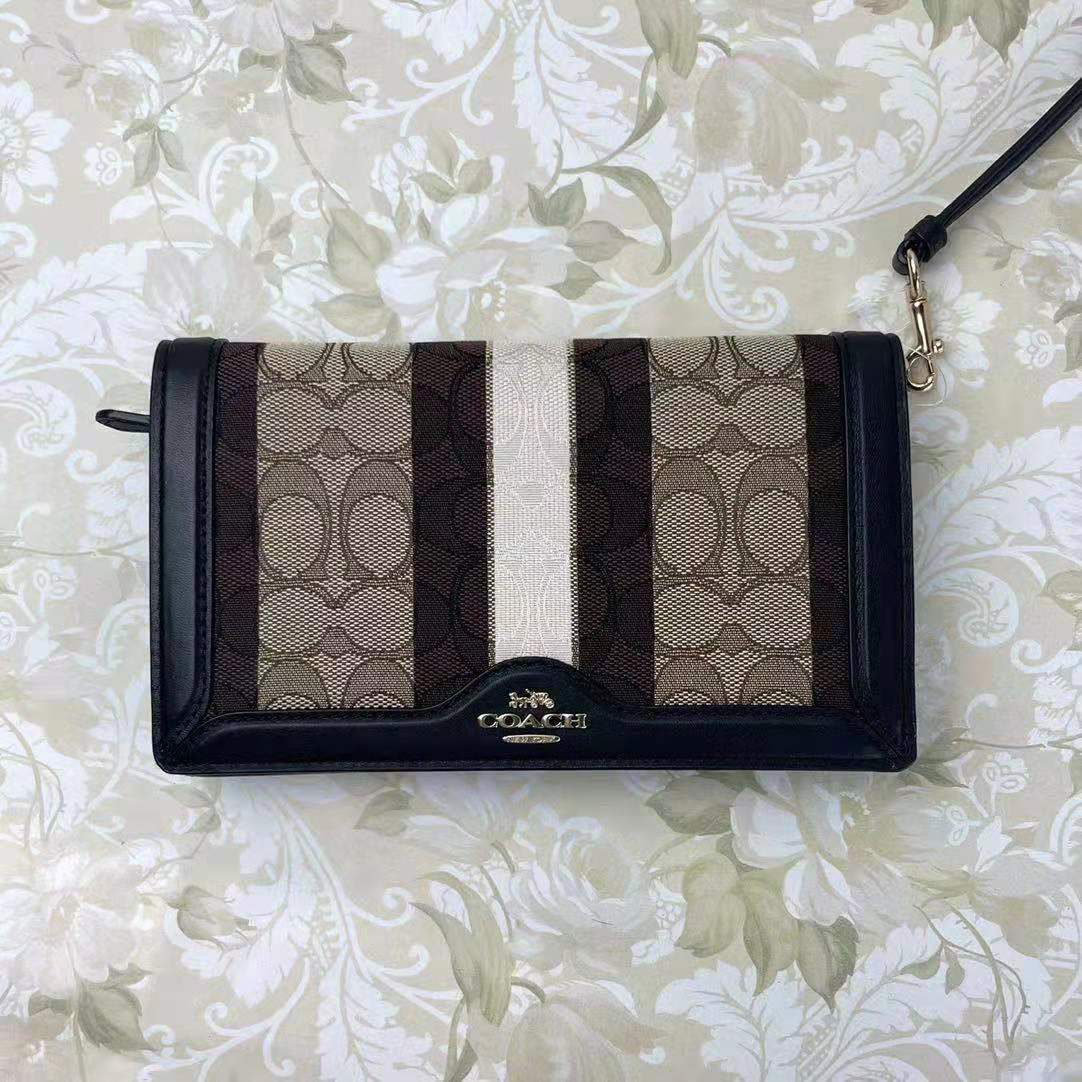 Coach C5884 Anna Foldover Clutch Crossbody Bag In Khaki Black Multi Coach C5884 Anna Foldover Clutch Crossbody Bag In Khaki Black Multi